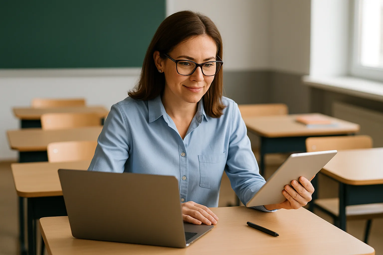 Nauczycielka korzysta z laptopa i tabletu